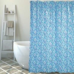 MSV Rideau De Douche PVC MOSAIQUE 180x200cm Bleu - Anneaux Inclus - Bleu