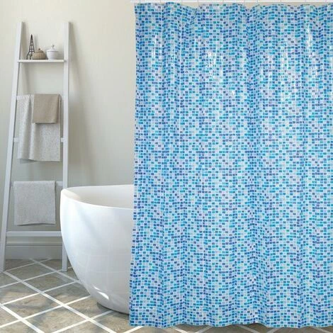 MSV Rideau De Douche PVC MOSAIQUE 180x200cm Bleu - Anneaux Inclus - Bleu 1 MSV Rideau De Douche PVC MOSAIQUE 180x200cm Bleu - Anneaux Inclus - Bleu