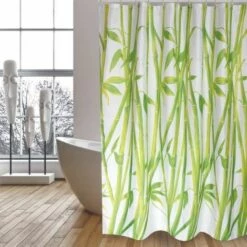 MSV Rideau De Douche Polyester 180x200cm Bambou Vert - Anneaux Inclus - Vert