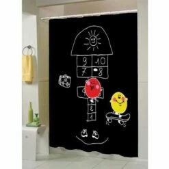 MSV Rideau De Douche Polyester 180x200cm Motif Marelle Noir - Anneaux Inclus - Noir