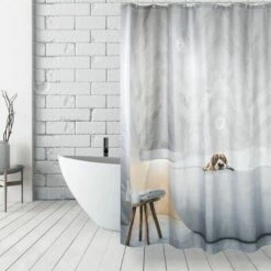 MSV Rideau De Douche Polyester 180x200cm DOGGY BATH Gris - Anneaux Inclus - Gris