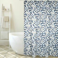 MSV Rideau De Douche Polyester MOSAIKO 180x200cm QUALITÉ PREMIUM Bleu & Beige - Anneaux Inclus - Bleu