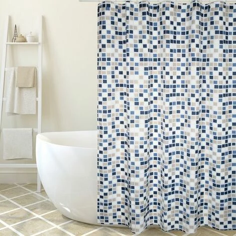 MSV Rideau De Douche Polyester MOSAIKO 180x200cm QUALITÉ PREMIUM Bleu & Beige - Anneaux Inclus - Bleu 1 MSV Rideau De Douche Polyester MOSAIKO 180x200cm QUALITÉ PREMIUM Bleu & Beige - Anneaux Inclus - Bleu