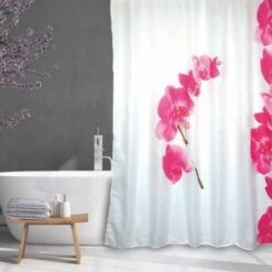 MSV Rideau De Douche Polyester LANYU 180x200cm Motif Fleurs Blanc & Rose - Anneaux Inclus - Rose