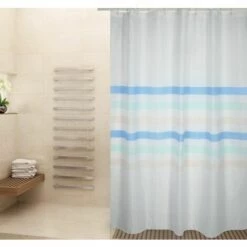 MSV Rideau De Douche Polyester SEAUVILLE PASTEL 180x200cm QUALITÉ PREMIUM Bleu & Blanc - Anneaux Inclus - Bleu