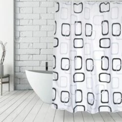 MSV Rideau De Douche Polyester 180x200cm Motifs Gris & Blanc - Anneaux Inclus - Multicolor