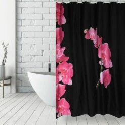 MSV Rideau De Douche Polyester LANYU 180x200cm Motif Fleurs Noir & Rose - Anneaux Inclus - Noir