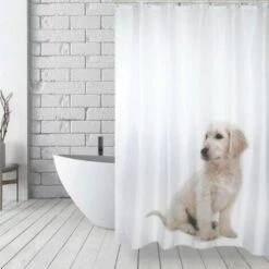 MSV Rideau De Douche Polyester SCOTT 180x200cm Chien Blanc - Anneaux Inclus - Beige