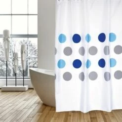 MSV Rideau De Douche Polyester 180x200cm Motifs Ronds Gris & Bleu - Anneaux Inclus - Bleu