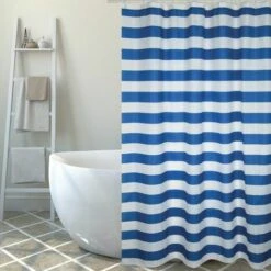 MSV Rideau De Douche Polyester MARINERA 180x200cm QUALITÉ PREMIUM Bleu Marine & Blanc - Anneaux Inclus - Bleu