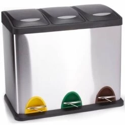 MSV Poubelle à Pédale Tri Sélectif Inox 3 Bacs 8Lx3 - Gris