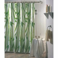 MSV Rideau De Douche Polyester 180x200cm Bambou Vert - Anneaux Inclus - Vert