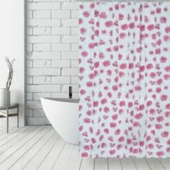 MSV Rideau De Douche PVC 180x200cm Marguerites Rose - Anneaux Inclus - Rose