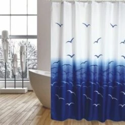 MSV Rideau De Douche Polyester 180x200cm Mouettes Bleu & Blanc - Anneaux Inclus - Bleu