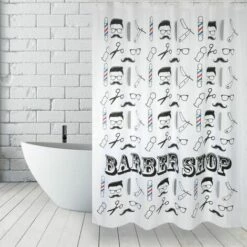 MSV Rideau De Douche Polyester BARBER SHOP 180x200cm QUALITÉ PREMIUM Noir & Blanc - Anneaux Inclus - Noir