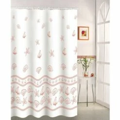 MSV Rideau De Douche Polyester 180x200cm Coquillages Saumon & Blanc - Anneaux Inclus - Beige