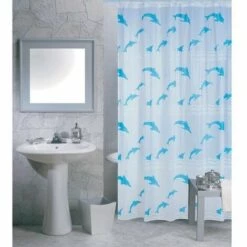MSV Rideau De Douche Plastique PVA 180x200cm Motif Dauphins Bleu & Blanc - Anneaux Inclus - Bleu