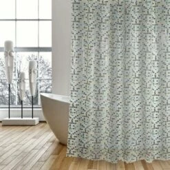 MSV Rideau De Douche PVC MOSAIQUE 180x200cm Gris - Anneaux Inclus - Gris