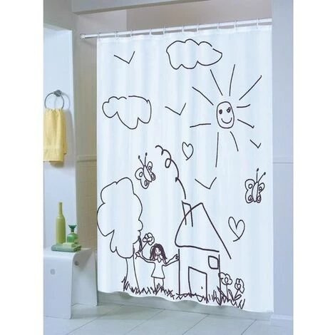 MSV Rideau De Douche Polyester 180x200cm Jardin D'enfants Noir & Blanc - Anneaux Inclus - Noir 1 MSV Rideau De Douche Polyester 180x200cm Jardin D'enfants Noir & Blanc - Anneaux Inclus - Noir