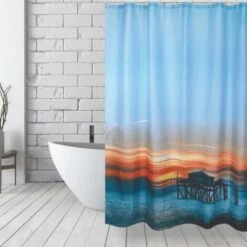 MSV Rideau De Douche Polyester 180x200cm Motif Sunset - Anneaux Inclus - Multicolor