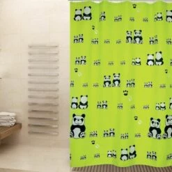MSV Rideau De Douche Polyester 180x200cm Panda Noir & Vert - Anneaux Inclus - Vert