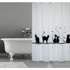 MSV Rideau De Douche Polyester CAT 180x200cm QUALITÉ PREMIUM Noir & Blanc - Anneaux Inclus - Blanc