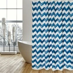 MSV Rideau De Douche Polyester LE CAP 180X200cm QUALITÉ PREMIUM Bleu & Blanc - Anneaux Inclus - Bleu