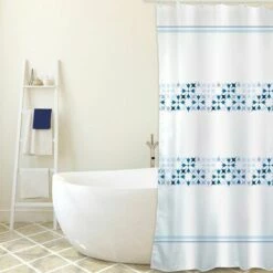 MSV Rideau De Douche Polyester MALTA 180x200cm QUALITÉ PREMIUM Bleu & Blanc - Anneaux Inclus - Bleu