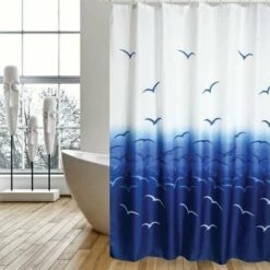 MSV Rideau De Douche Polyester 180x200cm Motif Mouettes Bleu & Blanc - Bleu