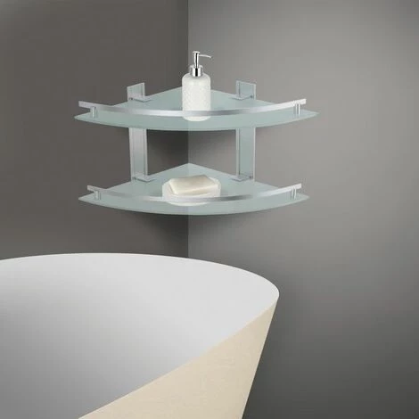 MSV Etagère D'angle De Douche 2 Niveaux à Fixer TABARCA Alu & Verre Satiné - Gris 2 MSV Etagère D'angle De Douche 2 Niveaux à Fixer TABARCA Alu & Verre Satiné - Gris – Image 2
