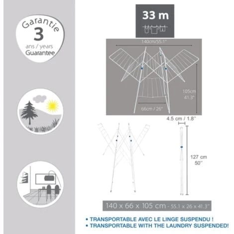 MSV Etendoir à Linge Accordéon Extensible 33m Blanc - Blanc 2 MSV Etendoir à Linge Accordéon Extensible 33m Blanc - Blanc – Image 2