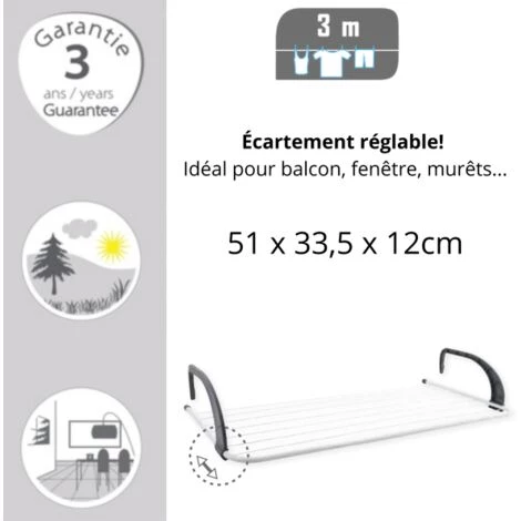 MSV Etendoir à Linge Spécial Balcon 3M Acier Blanc & Noir - Blanc 2 MSV Etendoir à Linge Spécial Balcon 3M Acier Blanc & Noir - Blanc – Image 2