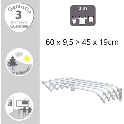 MSV Etendoir à Linge Extensible Mural Acier 3M Acier Blanc - Blanc 2 MSV Etendoir à Linge Extensible Mural Acier 3M Acier Blanc - Blanc – Image 2