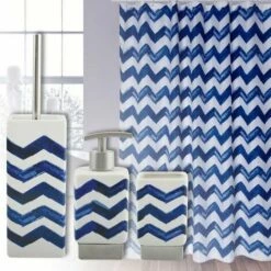 MSV Lot De 3 Accessoires De Salle De Bain & Rideau De Douche LE CAP Bleu & Blanc - Bleu