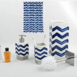 MSV Lot De 3 Accessoires De Salle De Bain & Rideau De Douche LE CAP Bleu & Blanc - Bleu -Promos MSV Magasin 32591278 3