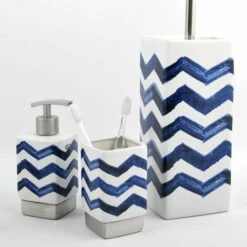 MSV Lot De 3 Accessoires De Salle De Bain & Rideau De Douche LE CAP Bleu & Blanc - Bleu -Promos MSV Magasin 32591278 4