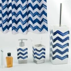 MSV Lot De 3 Accessoires De Salle De Bain & Rideau De Douche LE CAP Bleu & Blanc - Bleu -Promos MSV Magasin 32591278 5