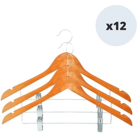 MSV Lot De 12 Cintres En Bois Avec Pinces - Beige 1 MSV Lot De 12 Cintres En Bois Avec Pinces - Beige