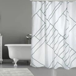 MSV Rideau De Douche Polyester MONOLITHIC 180x200cm Noir & Blanc - Anneaux Inclus - Blanc