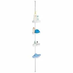 MSV Etagère De Douche D'angle Auto-portée 125-245cm Blanc Telescopique - Sans Perçage - 4 Tablettes - Blanc