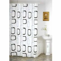 MSV Rideau De Douche Décor Anneaux Noirs Et Gris - Blanc