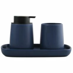 MSV Lot De 3 Accessoires De Salle De Bain En Céramique MAONIE Bleu Foncé Mat - Bleu