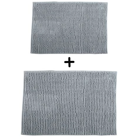 MSV Lot De 2 Tapis De Bain Microfibre CHENILLE 40x60cm & 60x90cm Gris Clair - Gris 1 MSV Lot De 2 Tapis De Bain Microfibre CHENILLE 40x60cm & 60x90cm Gris Clair - Gris